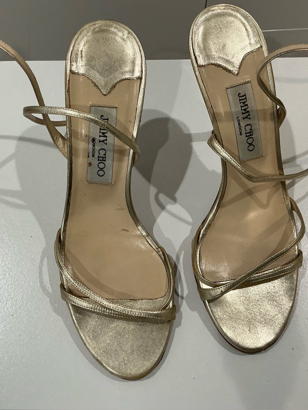 Jimmy Choo Gold  metallic leather ankle strap heels, sandals EU41 US 10.5